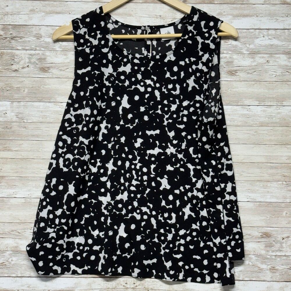 Cabin Black White Abstract Floral Dixon Top 5353 Sleeveless Blouse Sz L Mono